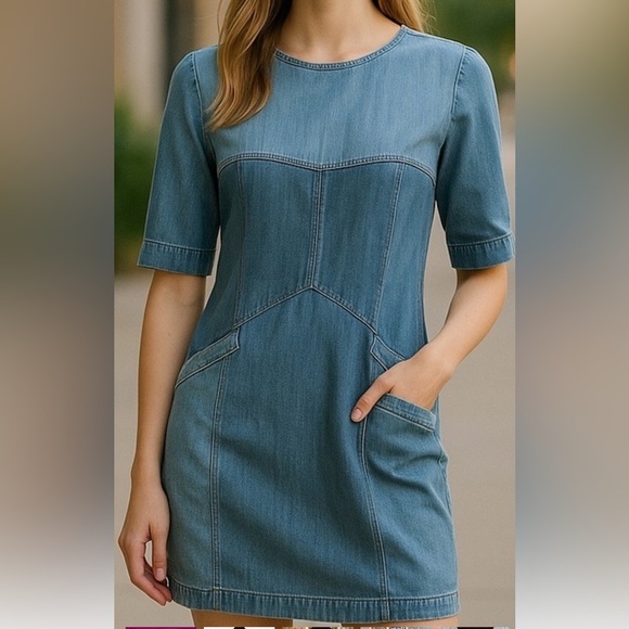 ASOS DENIM TWO-TONED LIGHT BLUE WASH SHIFT MINI CASUAL SUMMER DRESS SIZE 4 💙 - Picture 1 of 13